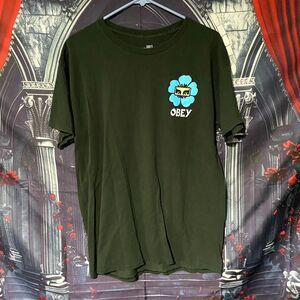 Obey Worldwide T-Shirt Men's L Green Cotton Graphic Print Streetwear Comfort